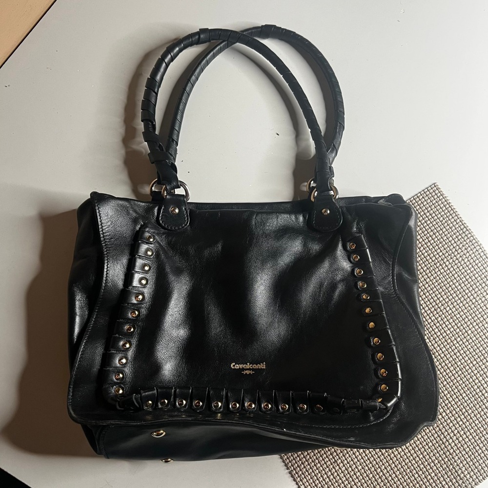 Cavalcanti Black Genuine Leather Studded Tote Bag Made‎ in Italy Red Polka Dot